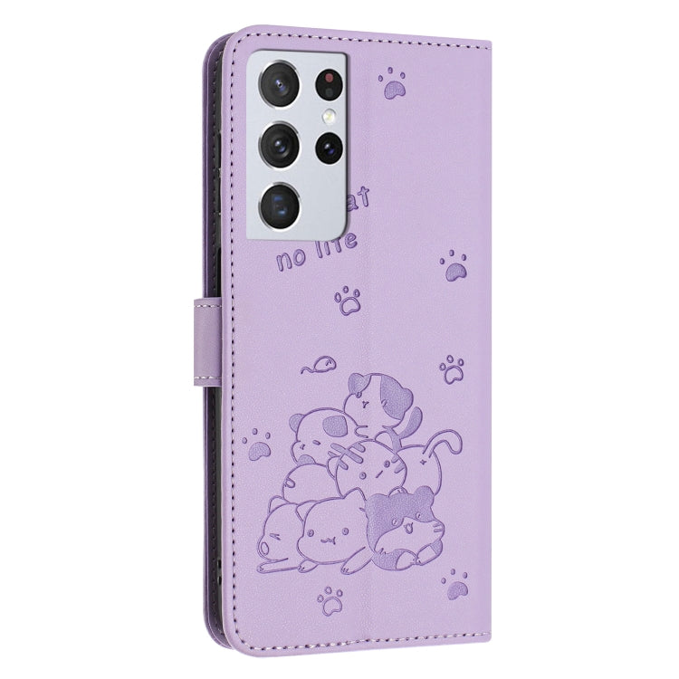 For Samsung Galaxy S21 Ultra 5G Embossed Kitten Phone Leather Case with Lanyard