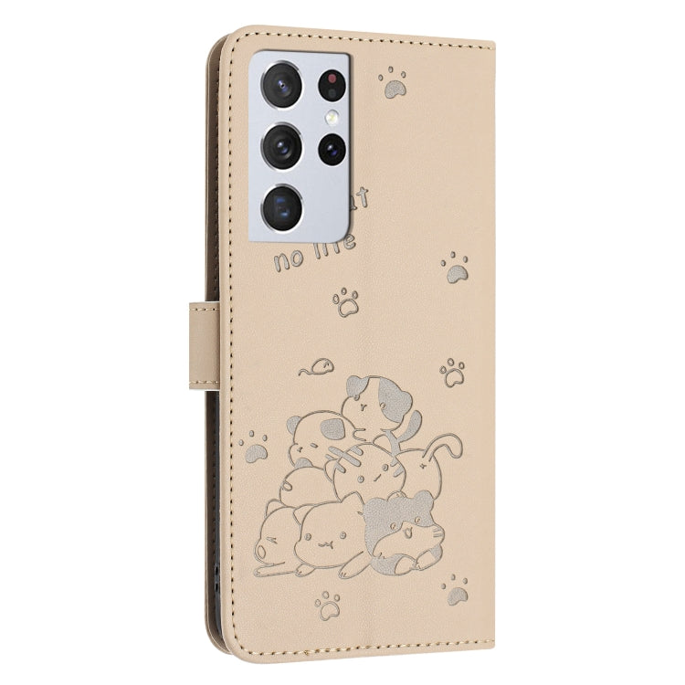For Samsung Galaxy S21 Ultra 5G Embossed Kitten Phone Leather Case with Lanyard