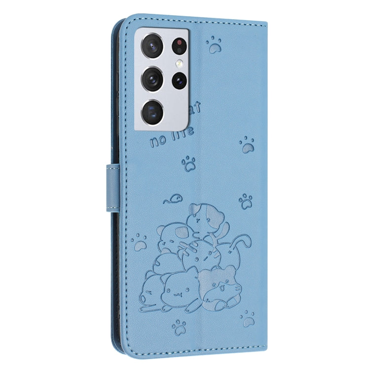 For Samsung Galaxy S21 Ultra 5G Embossed Kitten Phone Leather Case with Lanyard