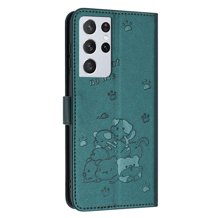 For Samsung Galaxy S21 Ultra 5G Embossed Kitten Phone Leather Case with Lanyard