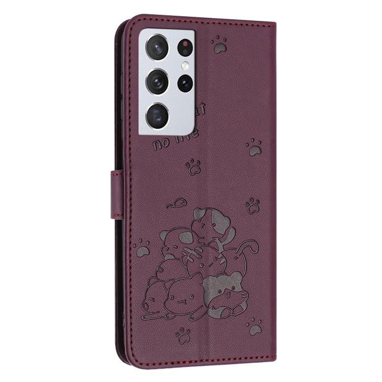 For Samsung Galaxy S21 Ultra 5G Embossed Kitten Phone Leather Case with Lanyard