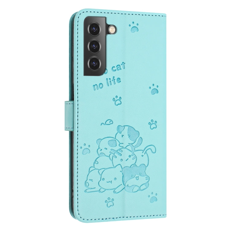 For Samsung Galaxy S21 5G Embossed Kitten Phone Leather Case with Lanyard