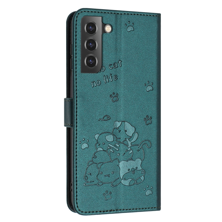 For Samsung Galaxy S21 5G Embossed Kitten Phone Leather Case with Lanyard