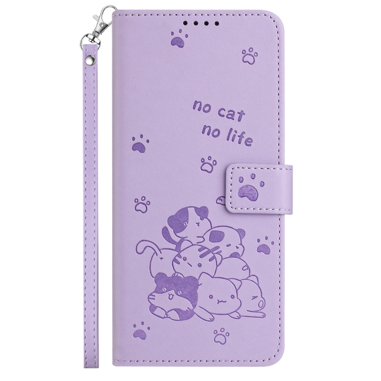 For Samsung Galaxy S25 Ultra 5G Embossed Kitten Phone Leather Case with Lanyard