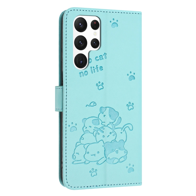 For Samsung Galaxy S25 Ultra 5G Embossed Kitten Phone Leather Case with Lanyard
