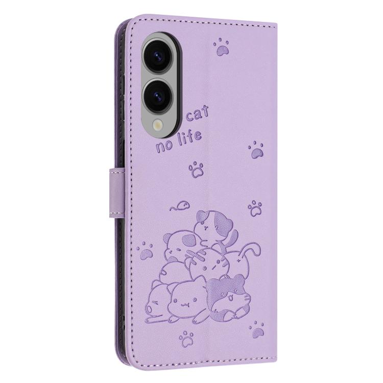 For Samsung Galaxy S25 Edge 5G Embossed Kitten Phone Leather Case with Lanyard