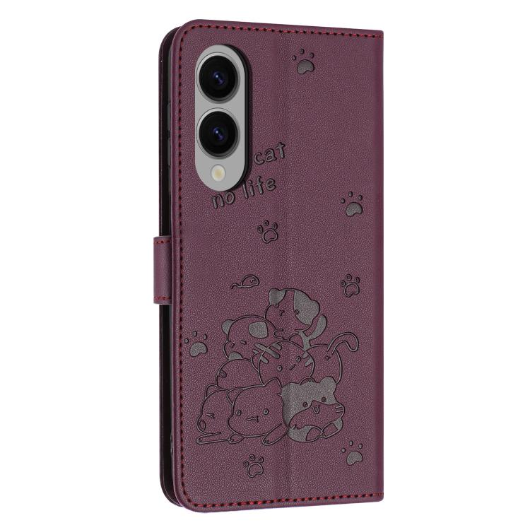 For Samsung Galaxy S25 Edge 5G Embossed Kitten Phone Leather Case with Lanyard