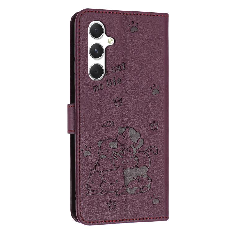 For Samsung Galaxy S25 FE 5G Embossed Kitten Phone Leather Case with Lanyard