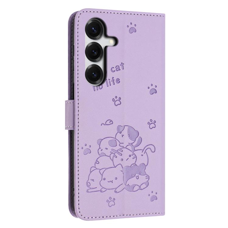 For Samsung Galaxy S26 5G Embossed Kitten Phone Leather Case with Lanyard