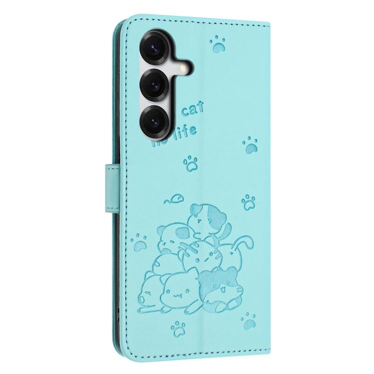 For Samsung Galaxy S26 5G Embossed Kitten Phone Leather Case with Lanyard