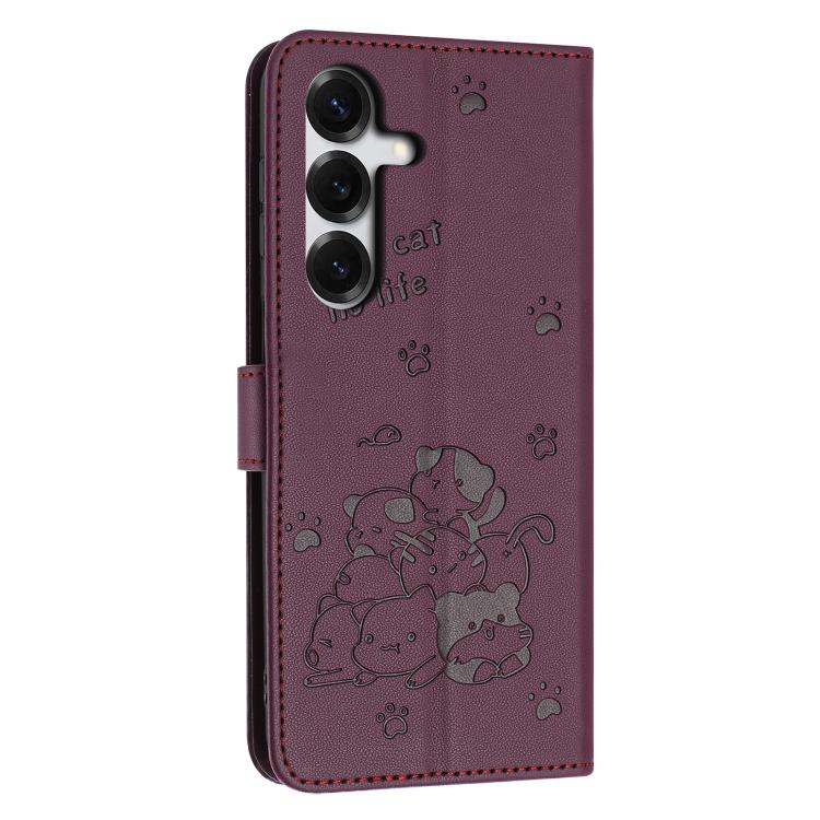 For Samsung Galaxy S26 5G Embossed Kitten Phone Leather Case with Lanyard