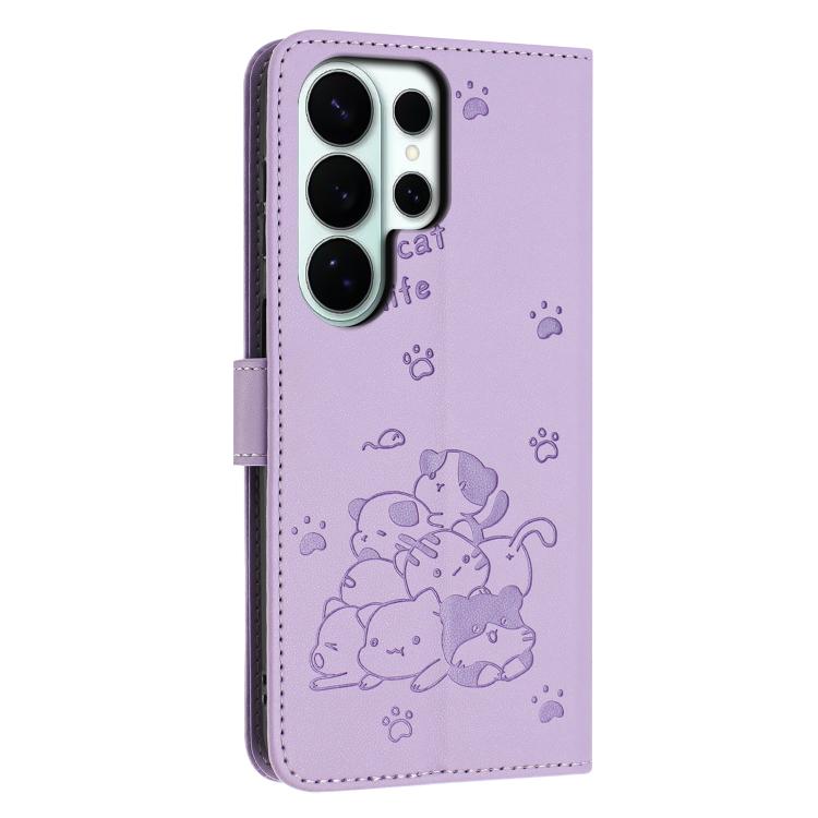 For Samsung Galaxy S26 Ultra 5G Embossed Kitten Phone Leather Case with Lanyard