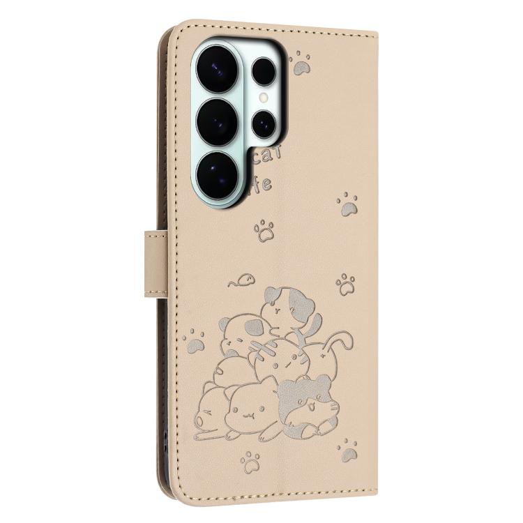 For Samsung Galaxy S26 Ultra 5G Embossed Kitten Phone Leather Case with Lanyard
