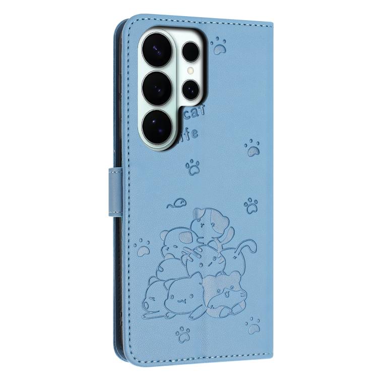 For Samsung Galaxy S26 Ultra 5G Embossed Kitten Phone Leather Case with Lanyard