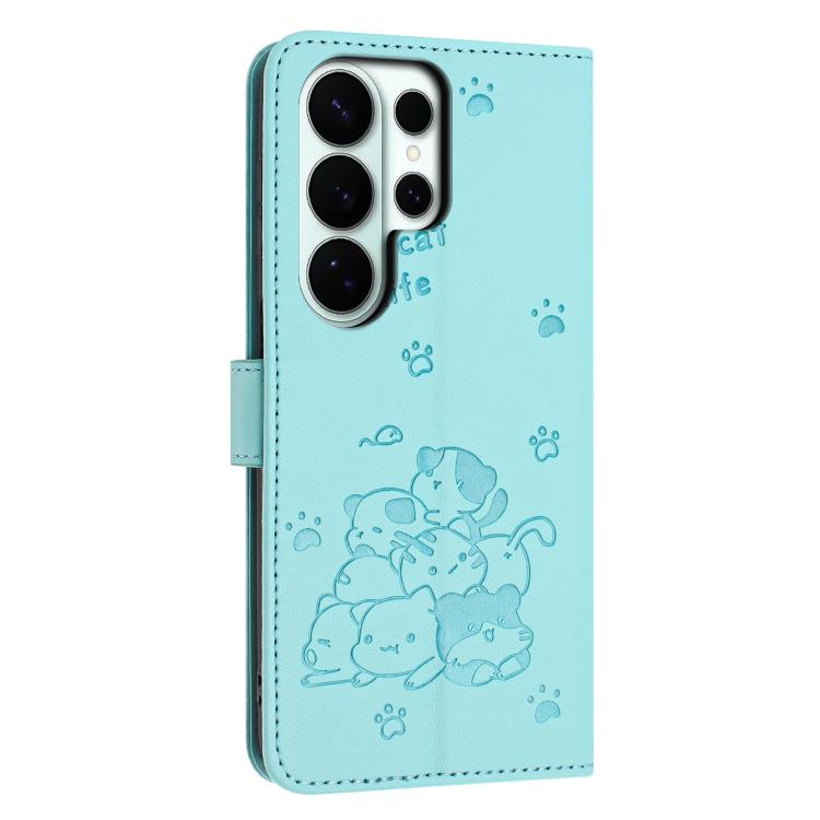 For Samsung Galaxy S26 Ultra 5G Embossed Kitten Phone Leather Case with Lanyard