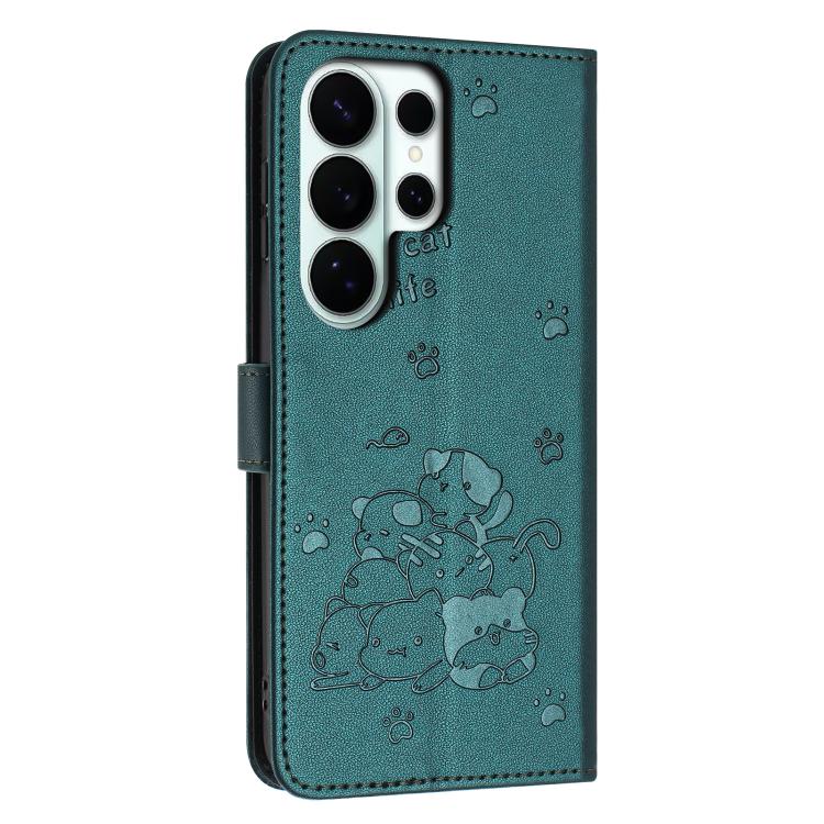For Samsung Galaxy S26 Ultra 5G Embossed Kitten Phone Leather Case with Lanyard