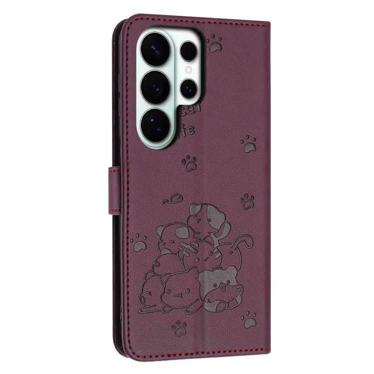 For Samsung Galaxy S26 Ultra 5G Embossed Kitten Phone Leather Case with Lanyard