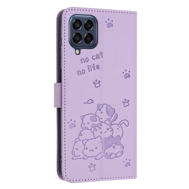 For Samsung Galaxy M33 5G Global Embossed Kitten Phone Leather Case with Lanyard