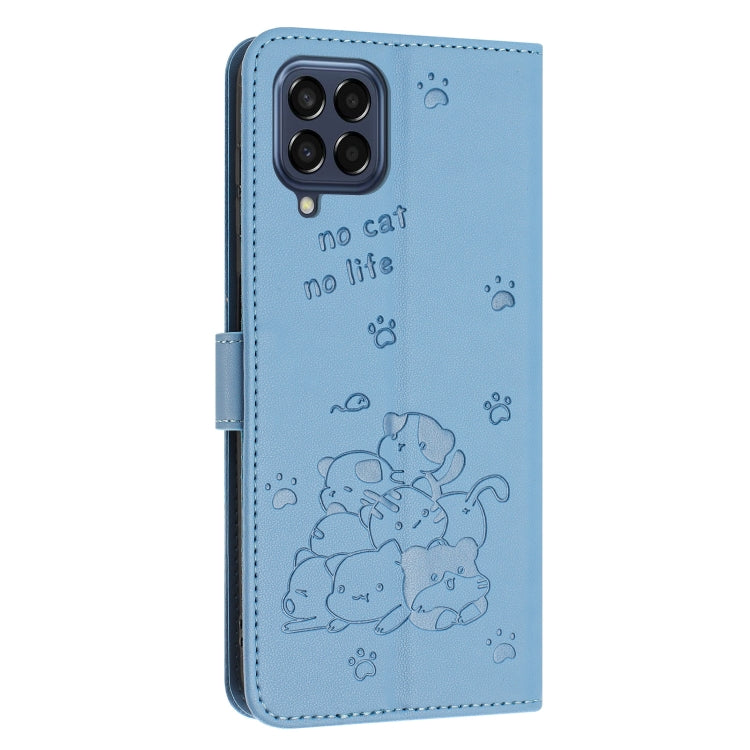 For Samsung Galaxy M33 5G Global Embossed Kitten Phone Leather Case with Lanyard