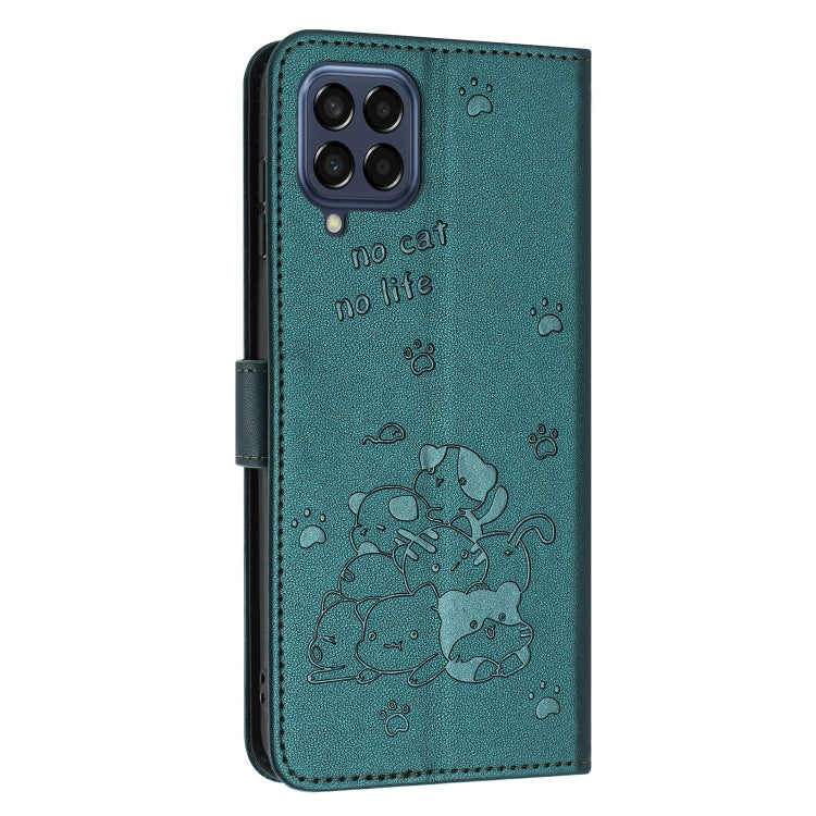 For Samsung Galaxy M33 5G Global Embossed Kitten Phone Leather Case with Lanyard