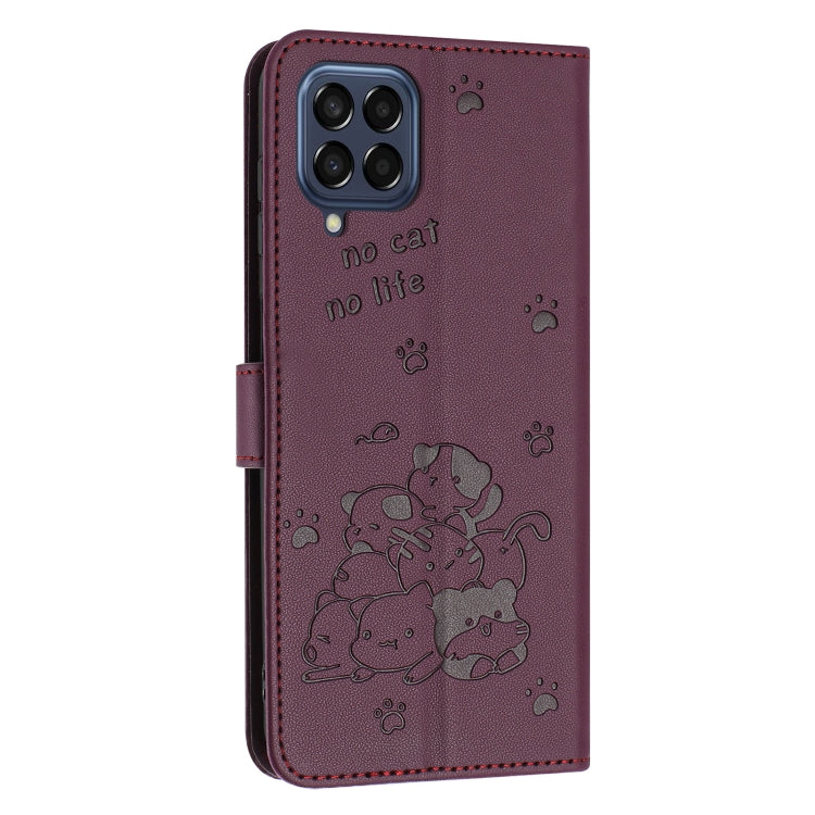 For Samsung Galaxy M33 5G Global Embossed Kitten Phone Leather Case with Lanyard