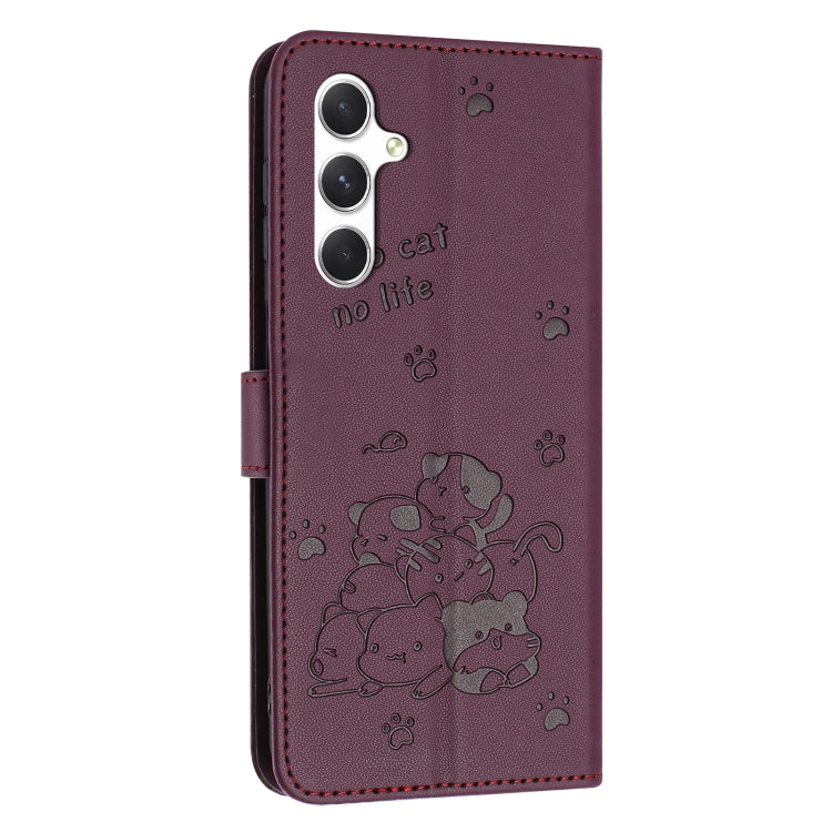 For Samsung Galaxy M35 5G Embossed Kitten Phone Leather Case with Lanyard