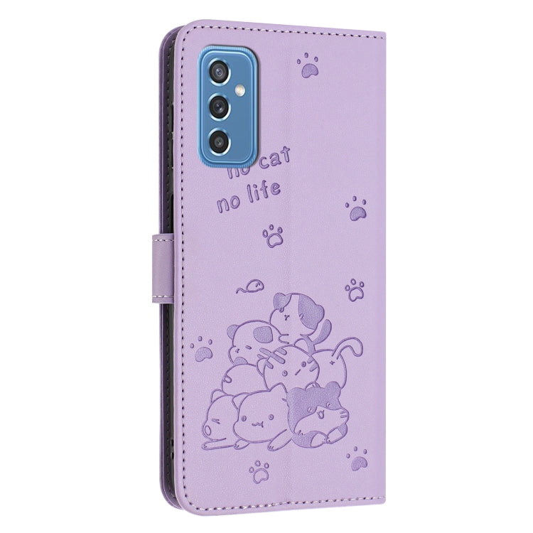 For Samsung Galaxy M52 5G Embossed Kitten Phone Leather Case with Lanyard
