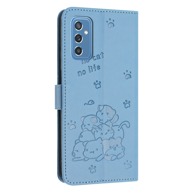 For Samsung Galaxy M52 5G Embossed Kitten Phone Leather Case with Lanyard