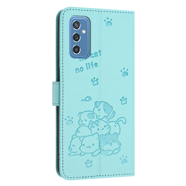 For Samsung Galaxy M52 5G Embossed Kitten Phone Leather Case with Lanyard
