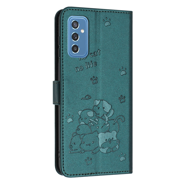 For Samsung Galaxy M52 5G Embossed Kitten Phone Leather Case with Lanyard