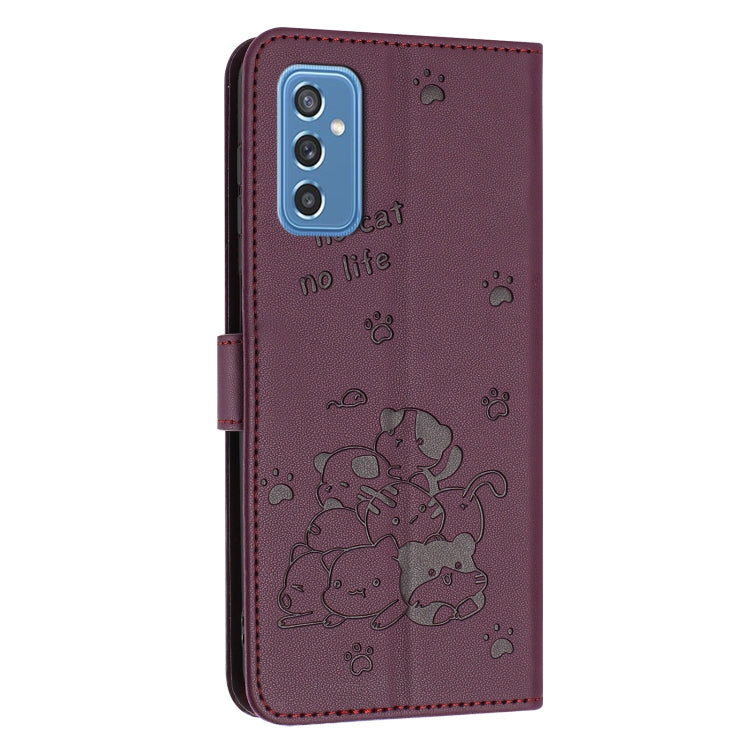 For Samsung Galaxy M52 5G Embossed Kitten Phone Leather Case with Lanyard