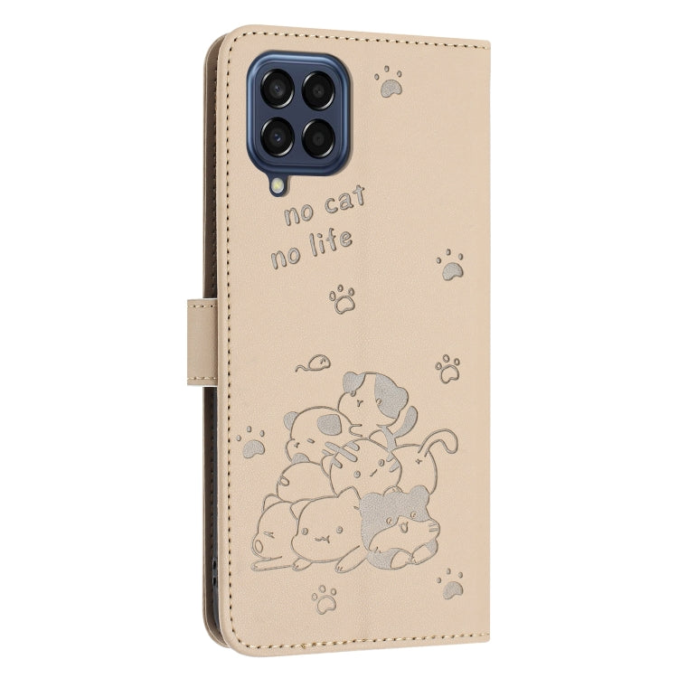 For Samsung Galaxy M53 5G Embossed Kitten Phone Leather Case with Lanyard