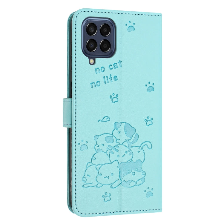 For Samsung Galaxy M53 5G Embossed Kitten Phone Leather Case with Lanyard
