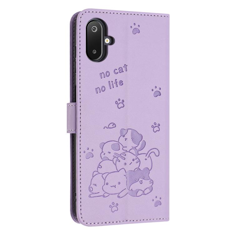 For Samsung Galaxy F06 5G / M06 5G Embossed Kitten Phone Leather Case with Lanyard