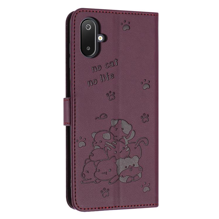 For Samsung Galaxy F06 5G / M06 5G Embossed Kitten Phone Leather Case with Lanyard