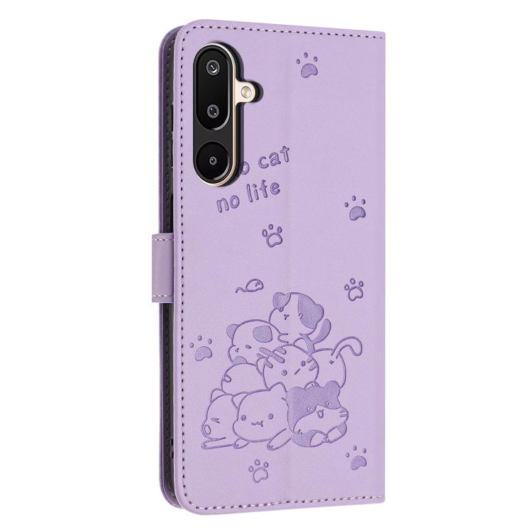 For Samsung Galaxy F16 5G / M16 5G Embossed Kitten Phone Leather Case with Lanyard
