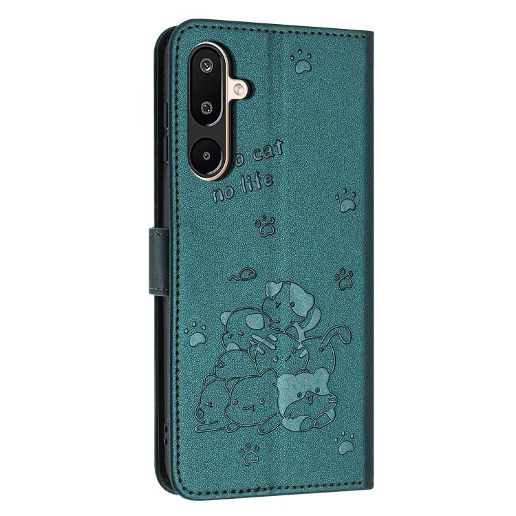 For Samsung Galaxy F16 5G / M16 5G Embossed Kitten Phone Leather Case with Lanyard