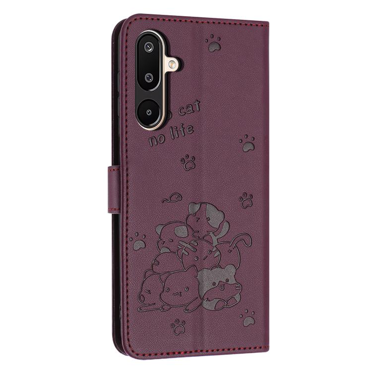For Samsung Galaxy F16 5G / M16 5G Embossed Kitten Phone Leather Case with Lanyard