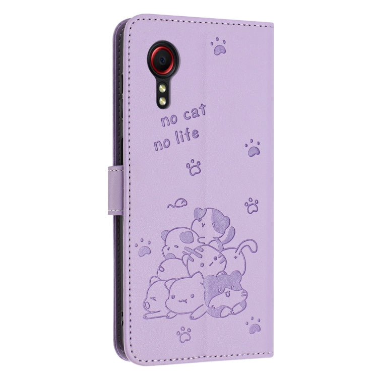For Samsung Galaxy XCover 5 Embossed Kitten Phone Leather Case with Lanyard