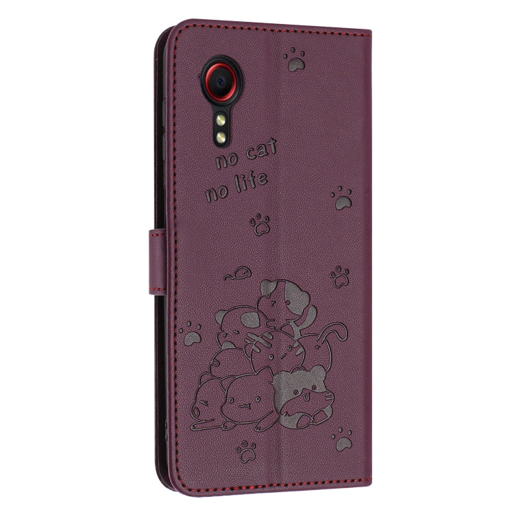For Samsung Galaxy XCover 5 Embossed Kitten Phone Leather Case with Lanyard