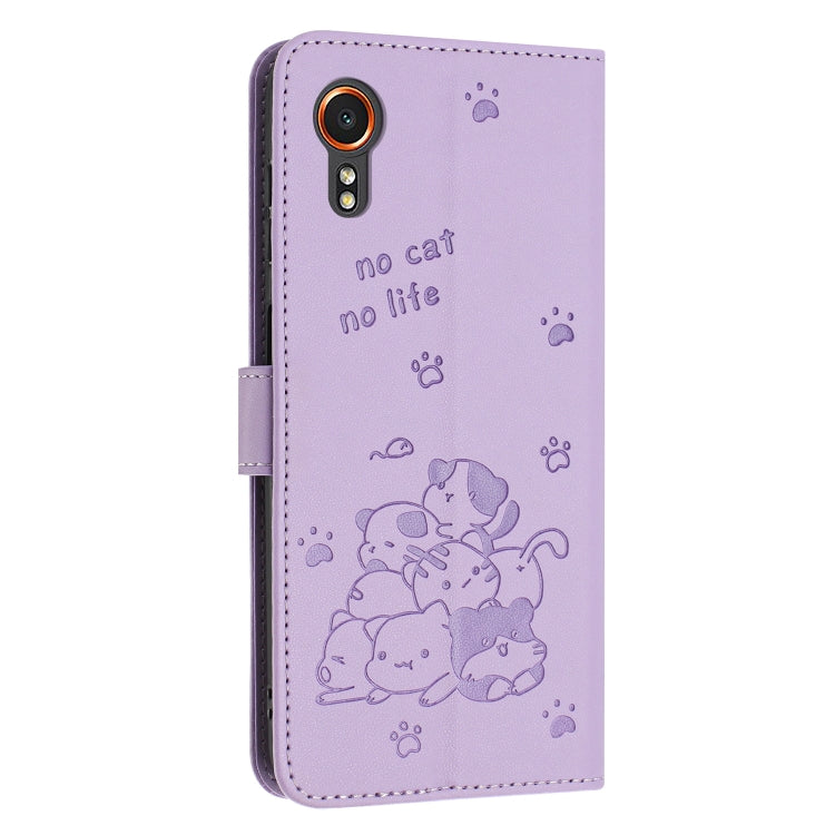 For Samsung Galaxy XCover 7 Embossed Kitten Phone Leather Case with Lanyard