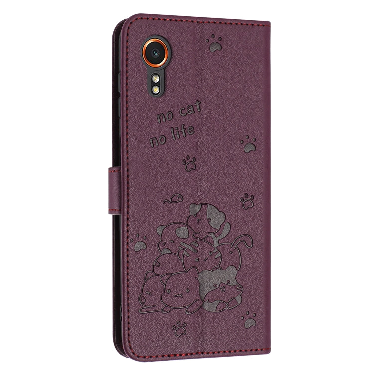 For Samsung Galaxy XCover 7 Embossed Kitten Phone Leather Case with Lanyard