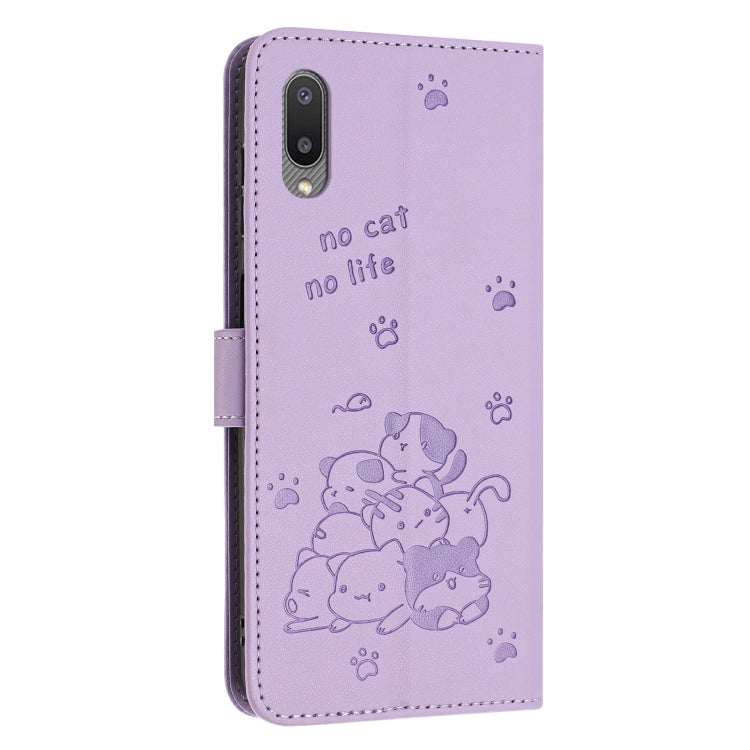 For Samsung Galaxy A02 EU / M02 Embossed Kitten Phone Leather Case with Lanyard