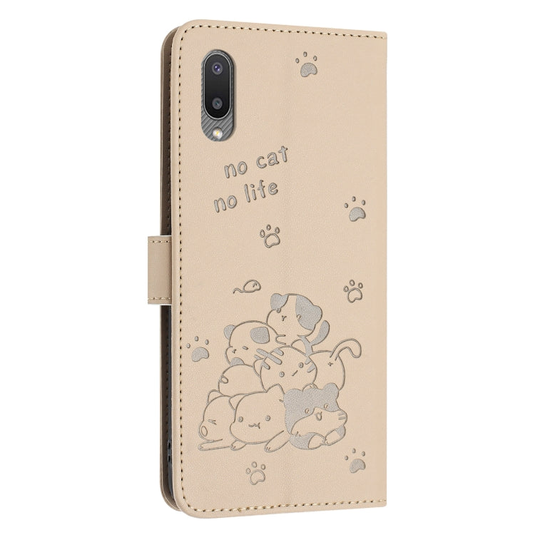 For Samsung Galaxy A02 EU / M02 Embossed Kitten Phone Leather Case with Lanyard
