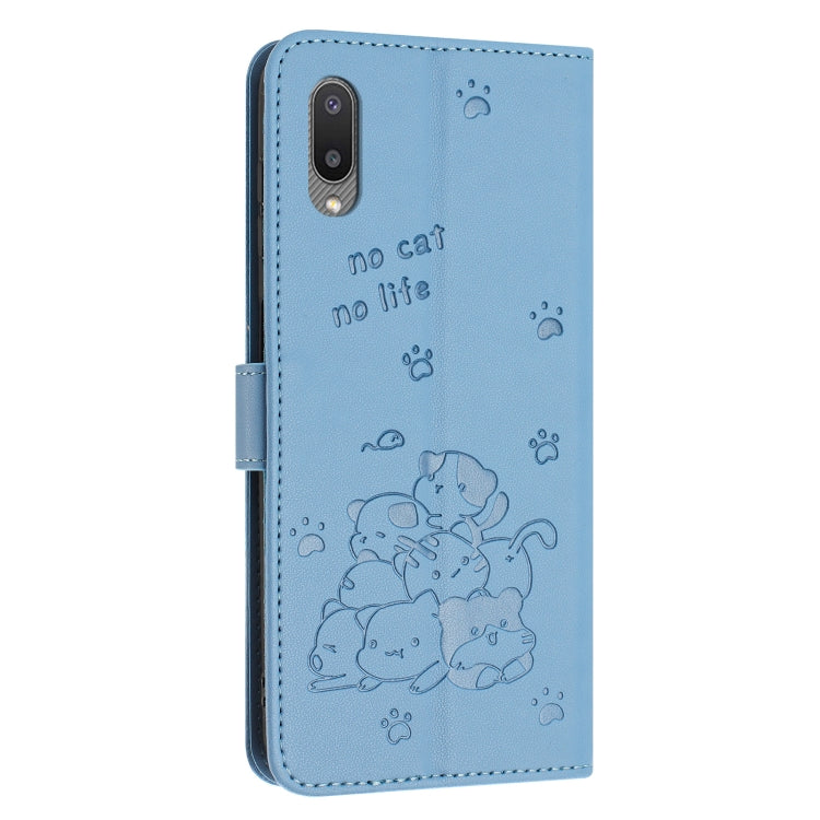 For Samsung Galaxy A02 EU / M02 Embossed Kitten Phone Leather Case with Lanyard