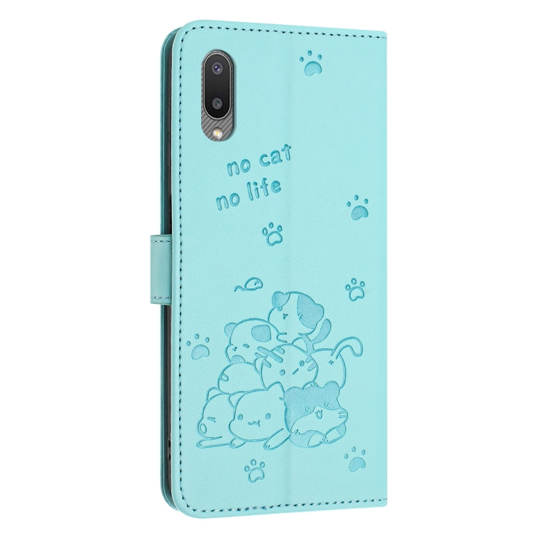 For Samsung Galaxy A02 EU / M02 Embossed Kitten Phone Leather Case with Lanyard