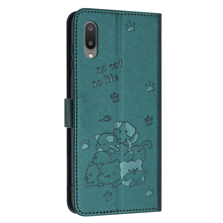 For Samsung Galaxy A02 EU / M02 Embossed Kitten Phone Leather Case with Lanyard