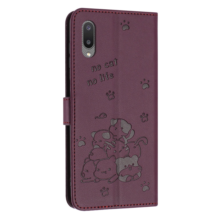 For Samsung Galaxy A02 EU / M02 Embossed Kitten Phone Leather Case with Lanyard