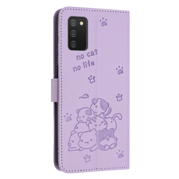 For Samsung Galaxy A02s 166mm Embossed Kitten Phone Leather Case with Lanyard