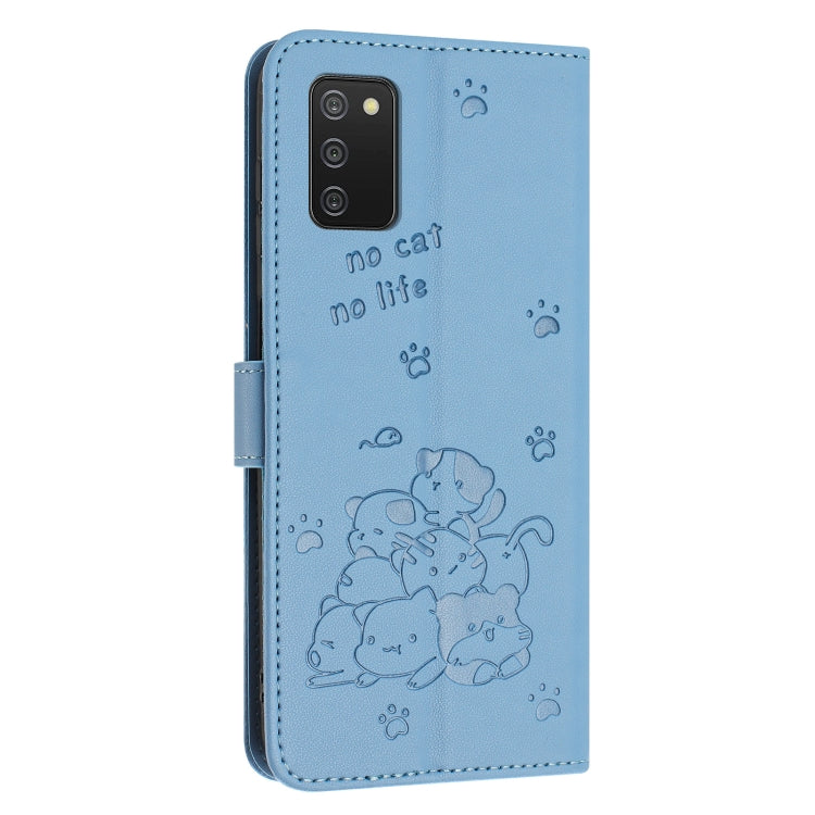 For Samsung Galaxy A02s 166mm Embossed Kitten Phone Leather Case with Lanyard